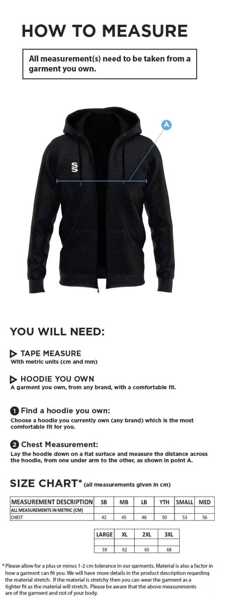 Spittin' Camels Softball Dual Full Zip Hoody - Size Guide