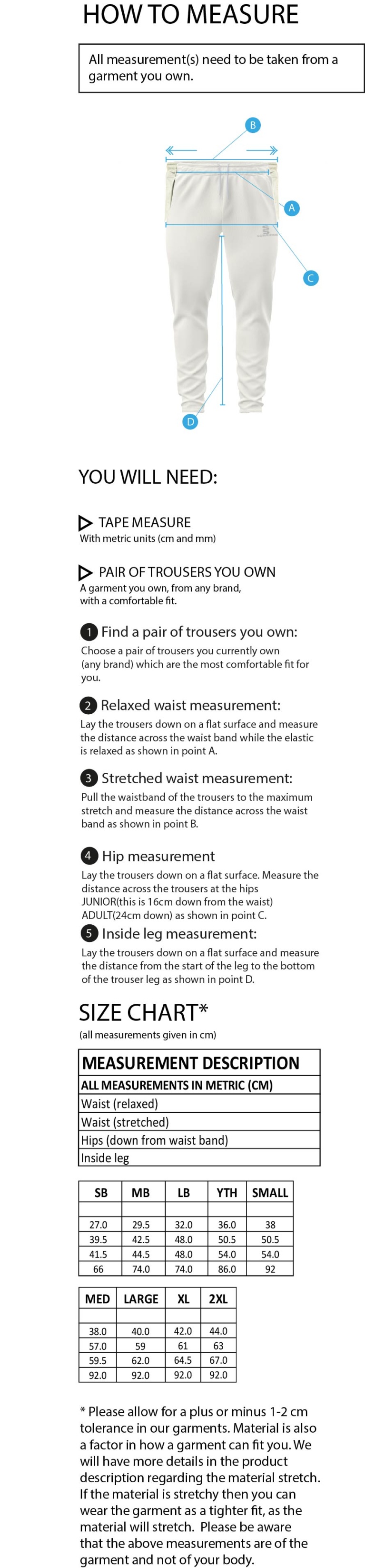 Spittin' Camels Softball Playing Pants - Size Guide